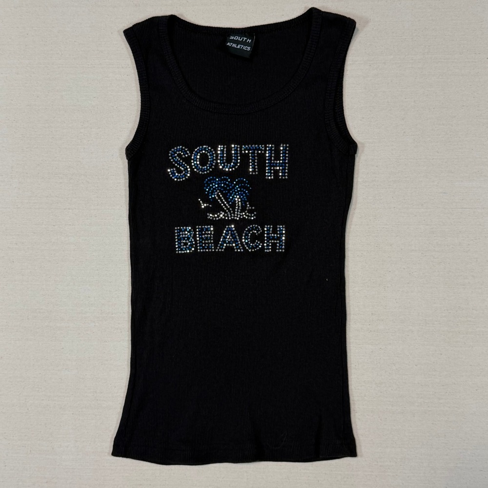 South Athletics South Beach Rhinestone Ribbed Tank Top Black Y2K Cotton Small